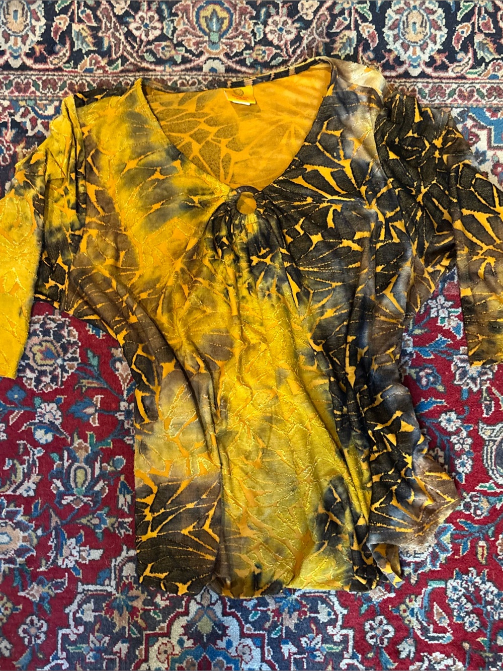 Ruby Rd. Yellow and Black Long Sleeve Ring-Front Mini Dress